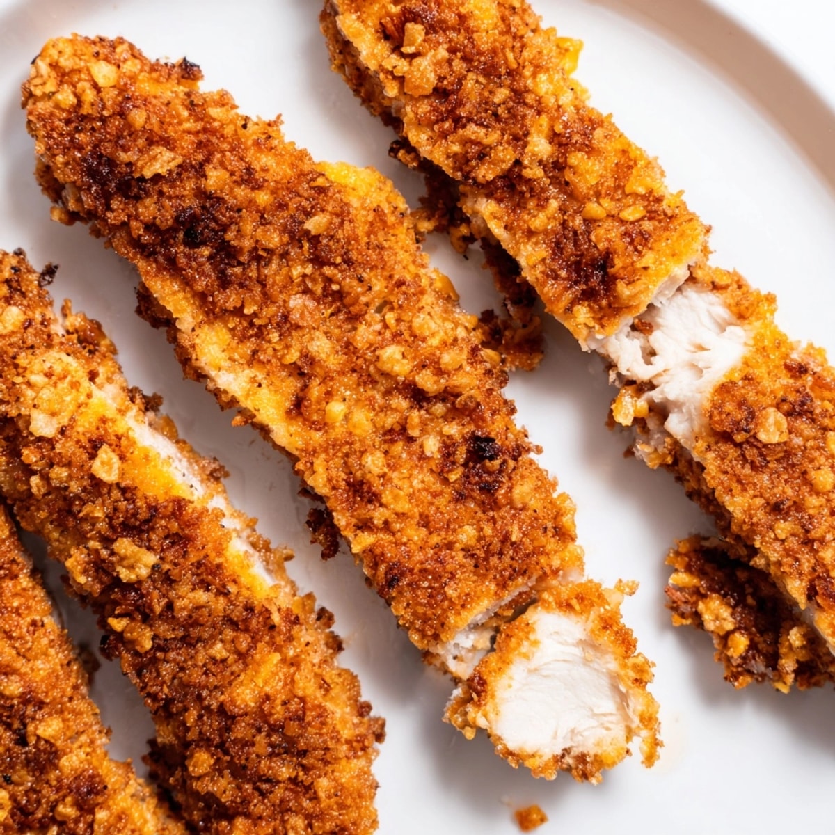 Crispy baked chicken tenders arranged on a tray, golden brown and ready to dip.
