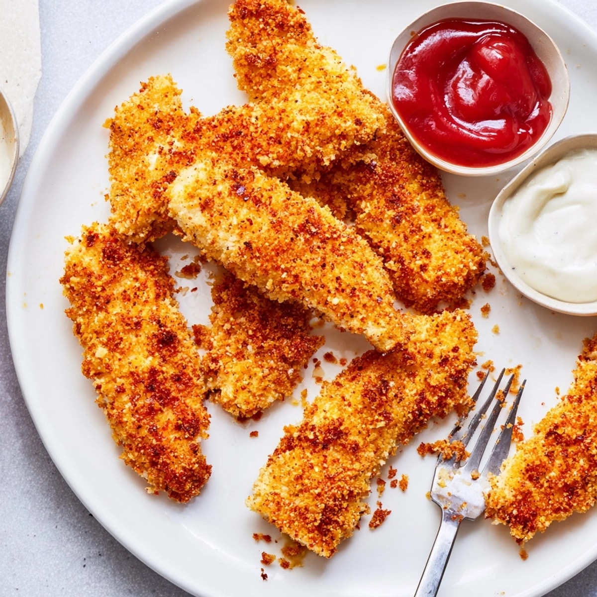 Healthy crispy baked chicken tenders served hot with ranch and honey mustard dipping sauces.