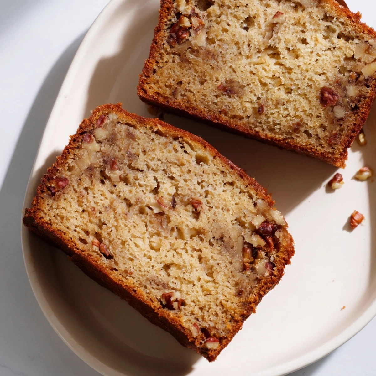 A golden-brown Simple Banana Bread loaf, ready to slice and enjoy with a morning coffee.
