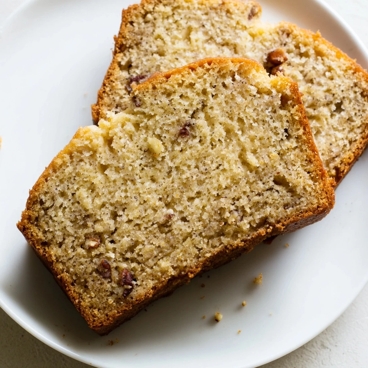 Warm, freshly baked Simple Banana Bread, showing a moist interior with hints of banana flavor.