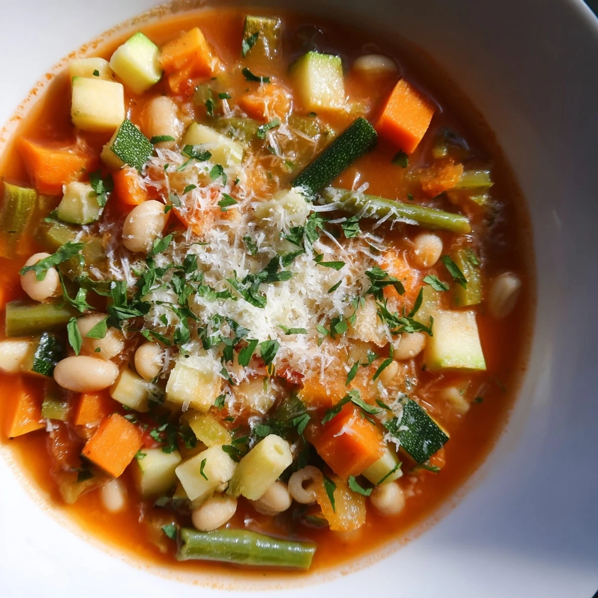 Steaming bowl of Simple One-Pot Minestrone Soup, ready to serve with Parmesan and fresh parsley.