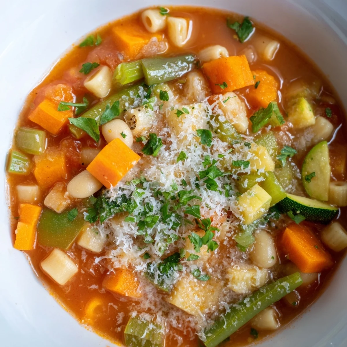 Vibrant image of a freshly made Simple One-Pot Minestrone Soup, bursting with colorful vegetables and pasta.