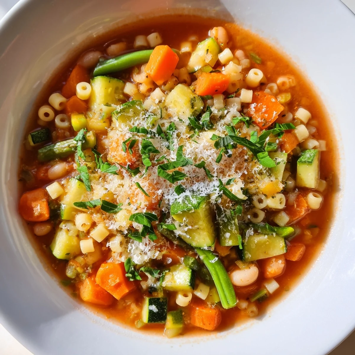 Close-up of a bubbling Simple One-Pot Minestrone Soup, smelling of basil and oregano, perfect for a cozy night.