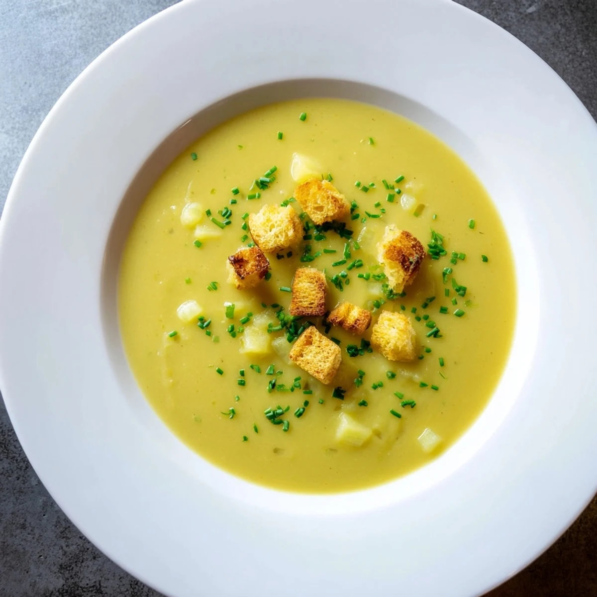 Warm bowl of Quick & Simple Potato and Leek Soup, garnished with chives, ready to eat.