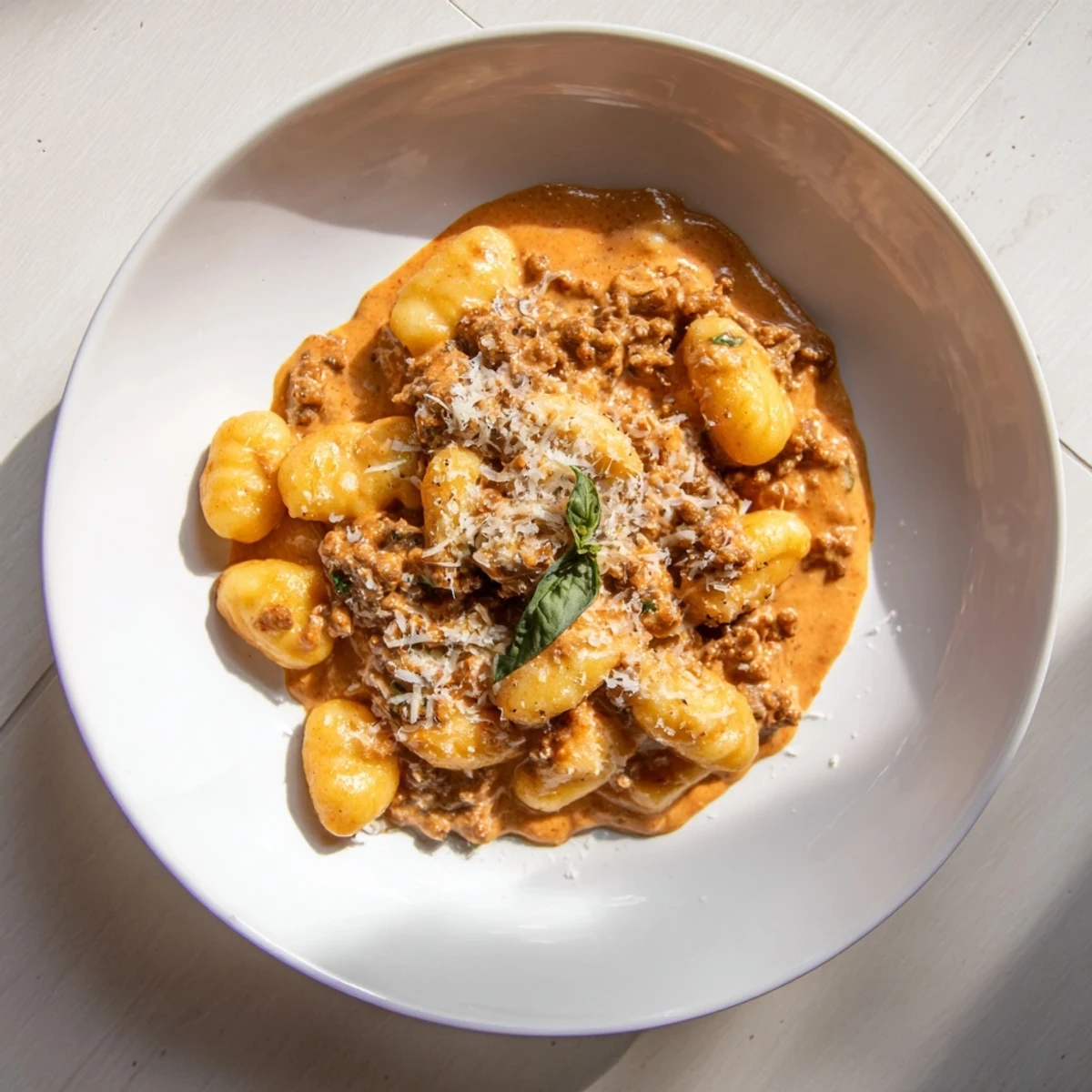 Steaming Creamy Tomato and Sausage Gnocchi, a comforting Italian meal, with cheesy basil garnish.