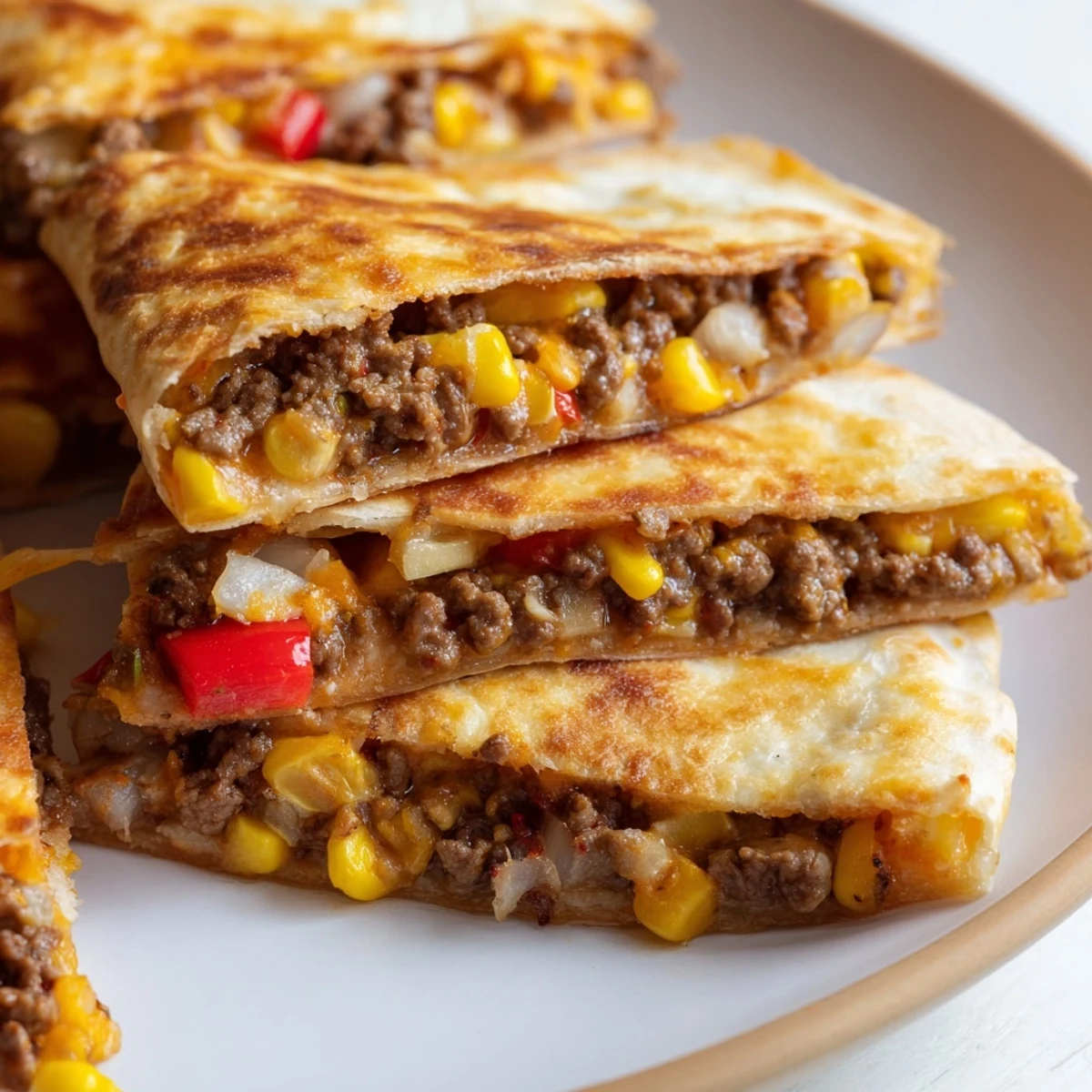 Golden, bubbly Sheet Pan Quesadillas filled with cheese, meat, and vibrant vegetables, ready to serve.