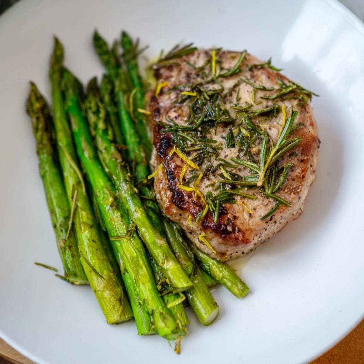 Golden-brown One-Pan Lemon Herb Pork Chops with tender asparagus, ready for a delicious dinner.