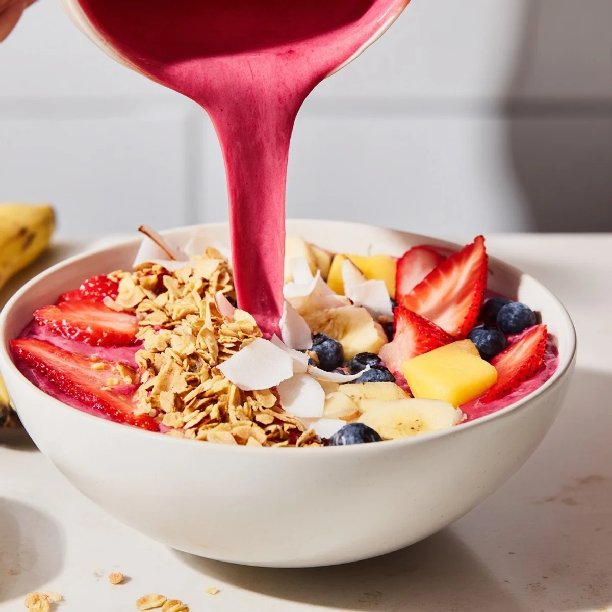 Frozen fruit Breakfast Smoothie Packs, blended with creamy yogurt in a nutritious, quick breakfast.