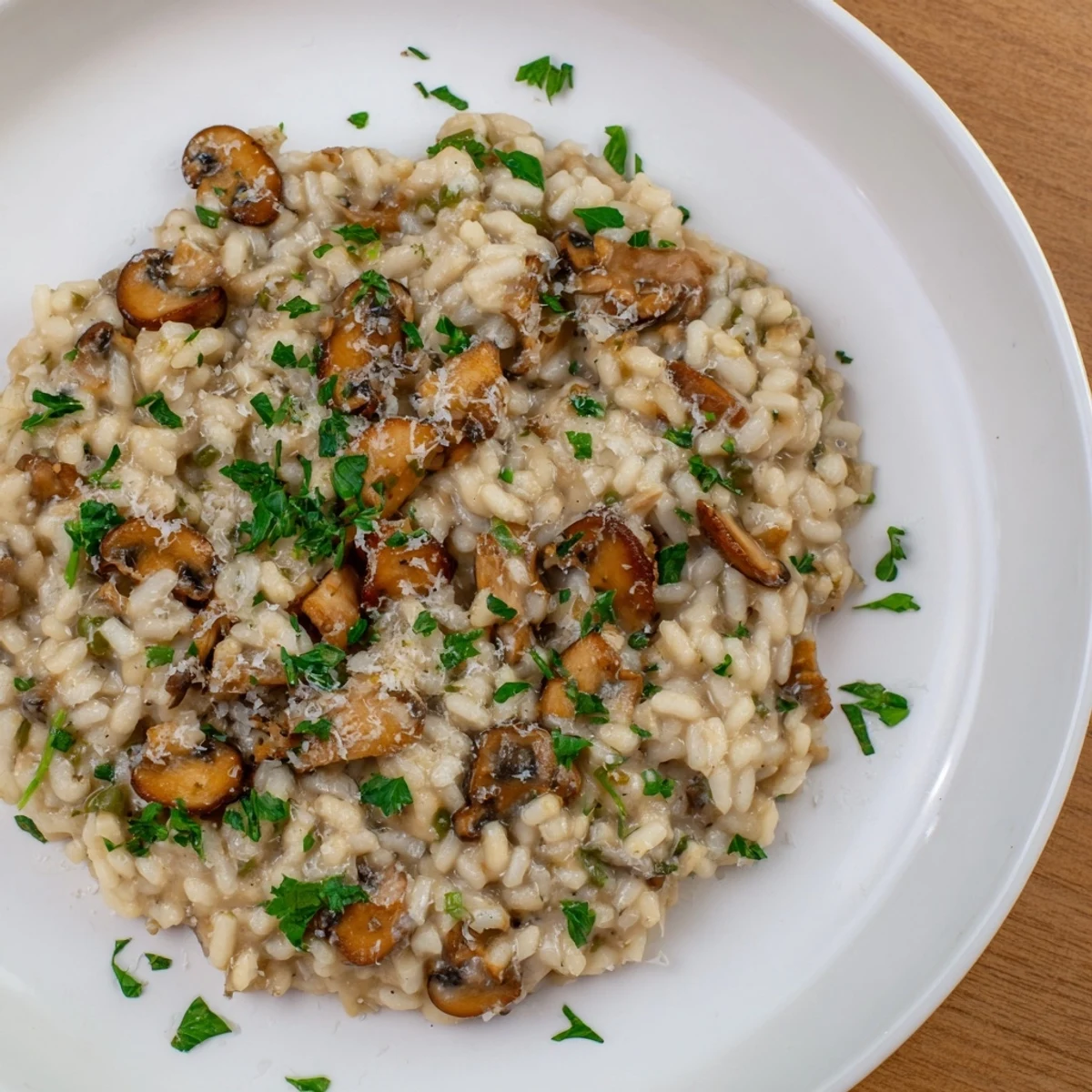 Golden, creamy stove-top risotto, a comforting Italian rice dish topped with fresh parsley.