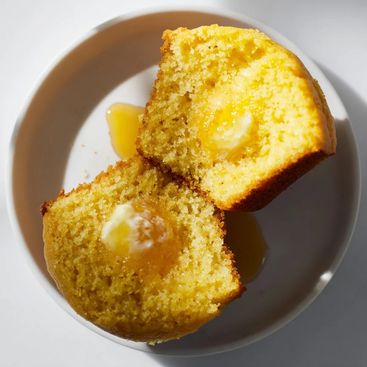 Freshly baked Honey Butter Cornbread Muffins, with a visible, glistening crust. Serve them for breakfast!