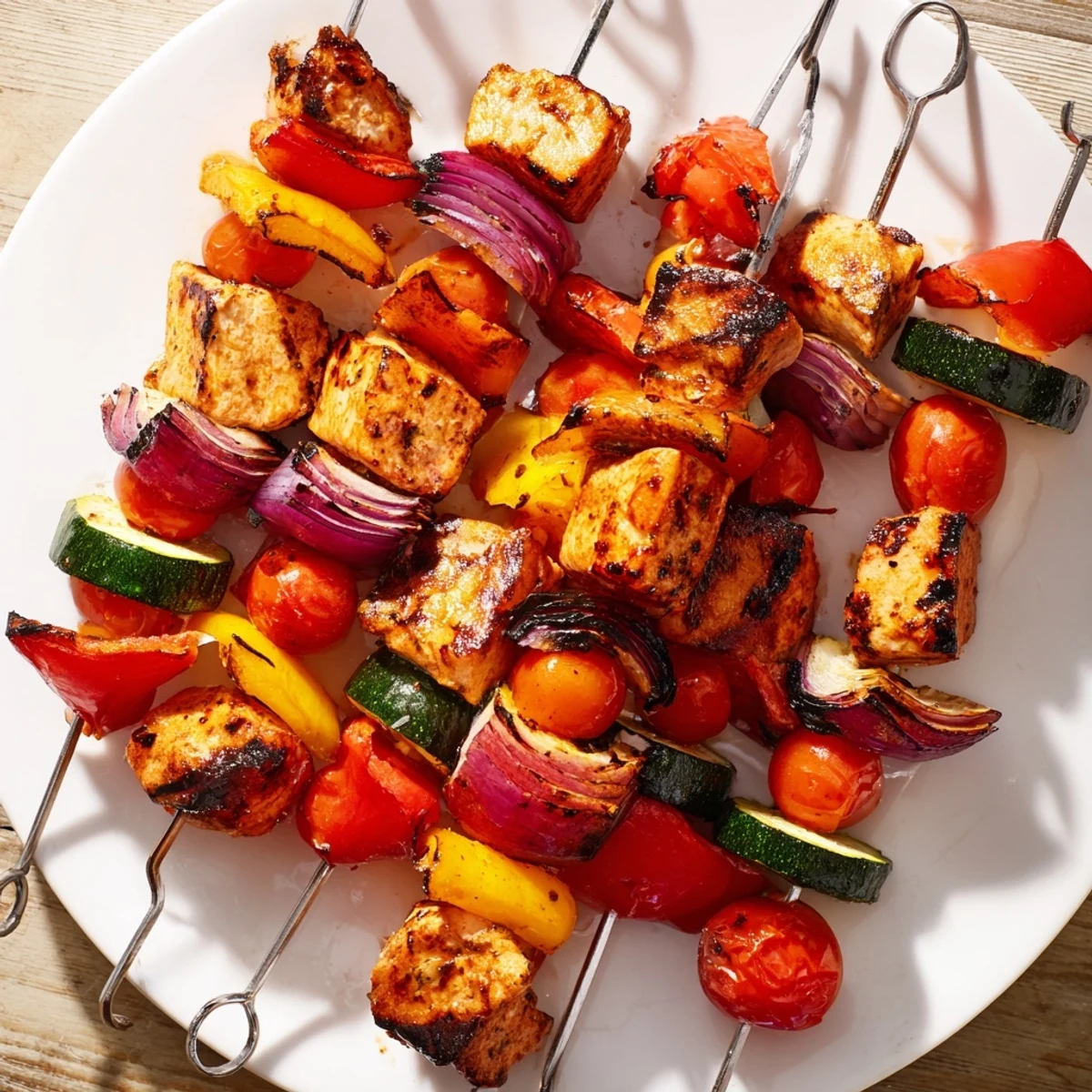 Flavorful chicken and veggie skewers, beautifully charred with grilled bell peppers and juicy chicken.