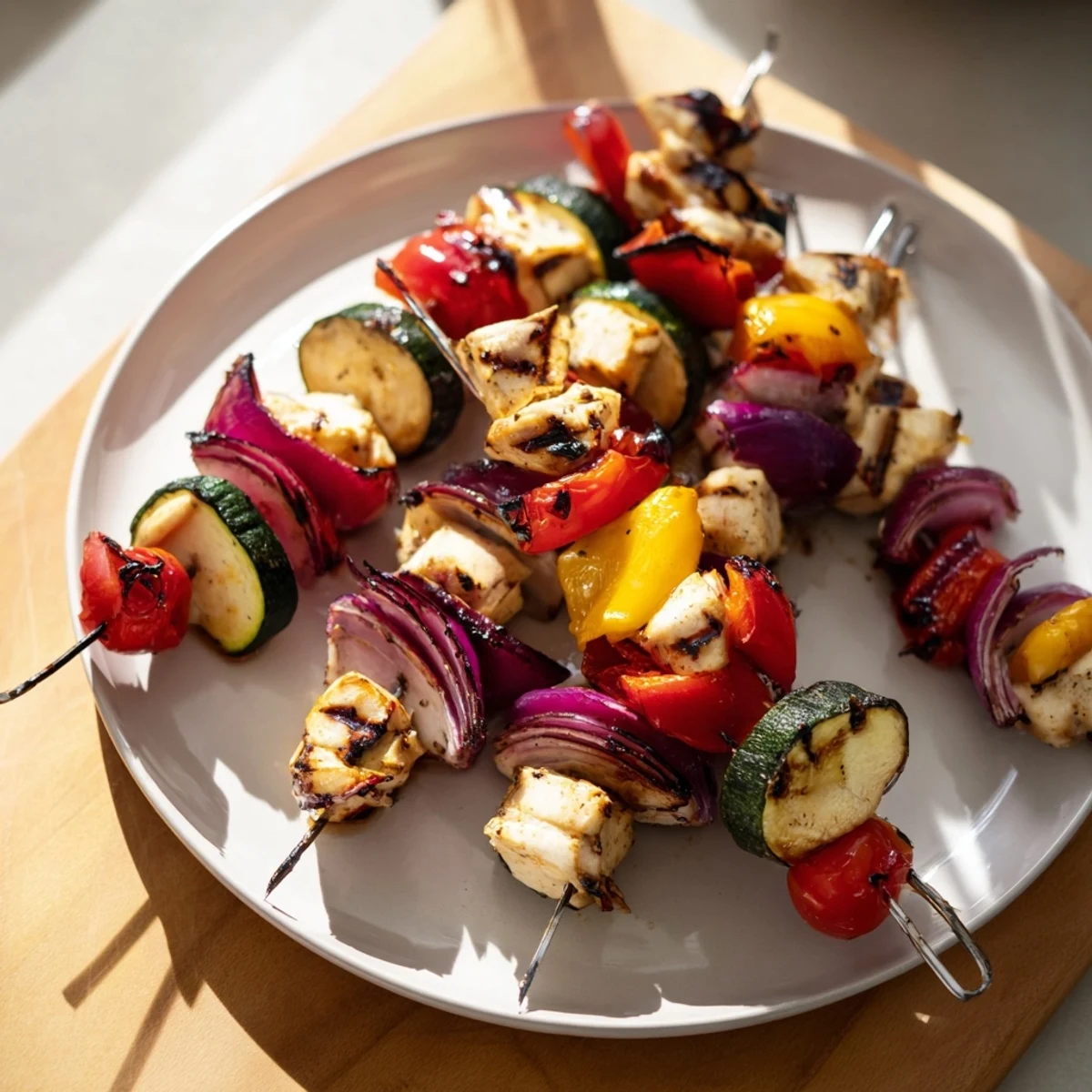 Skewers bursting with grilled chicken and vegetables, ready to serve with rice or a light salad.