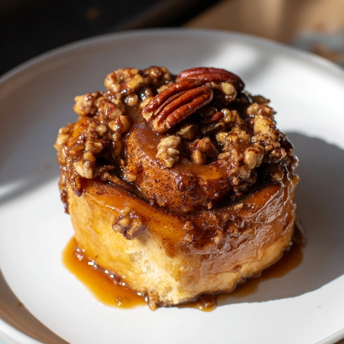 Warm, soft pecan and honey sticky buns fresh from baking, drizzled in a sweet honey glaze.