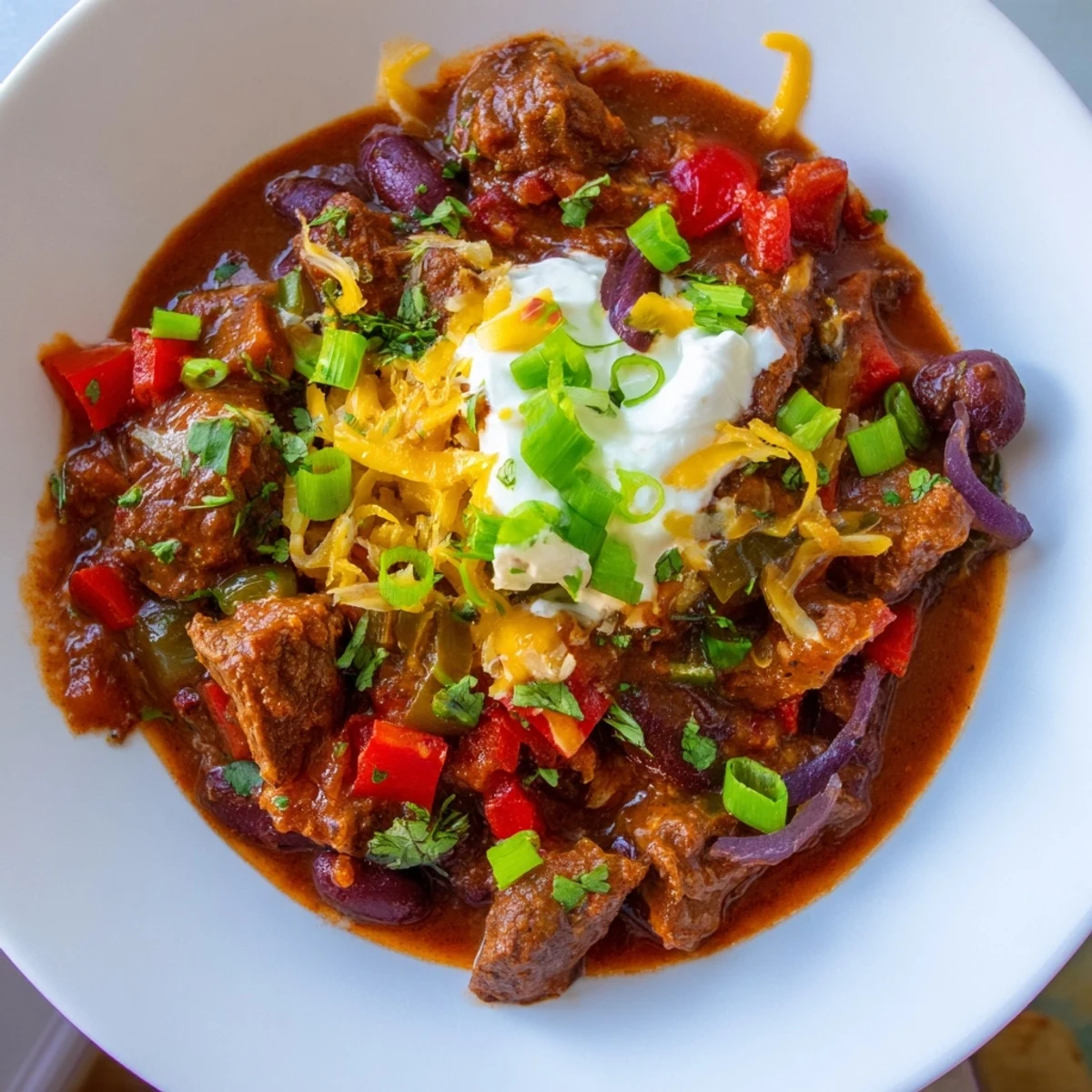 Winter Warming Chili con Carne, a rich, savory stew, looks delicious with beef and beans.