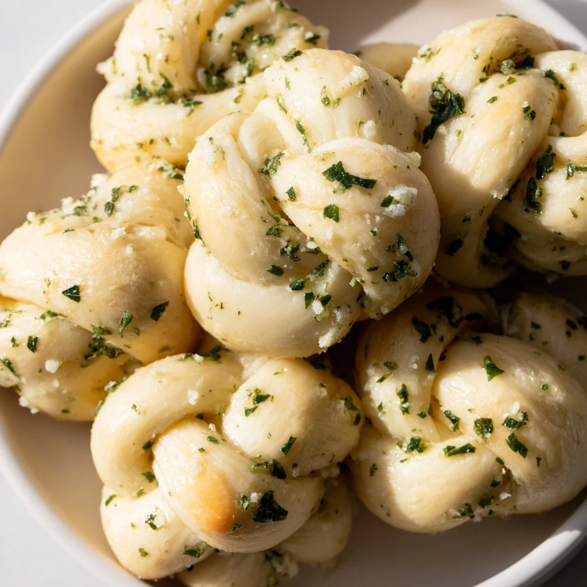 Warm, golden Homemade Garlic Knots glistening with garlic butter, perfect for dipping in marinara.