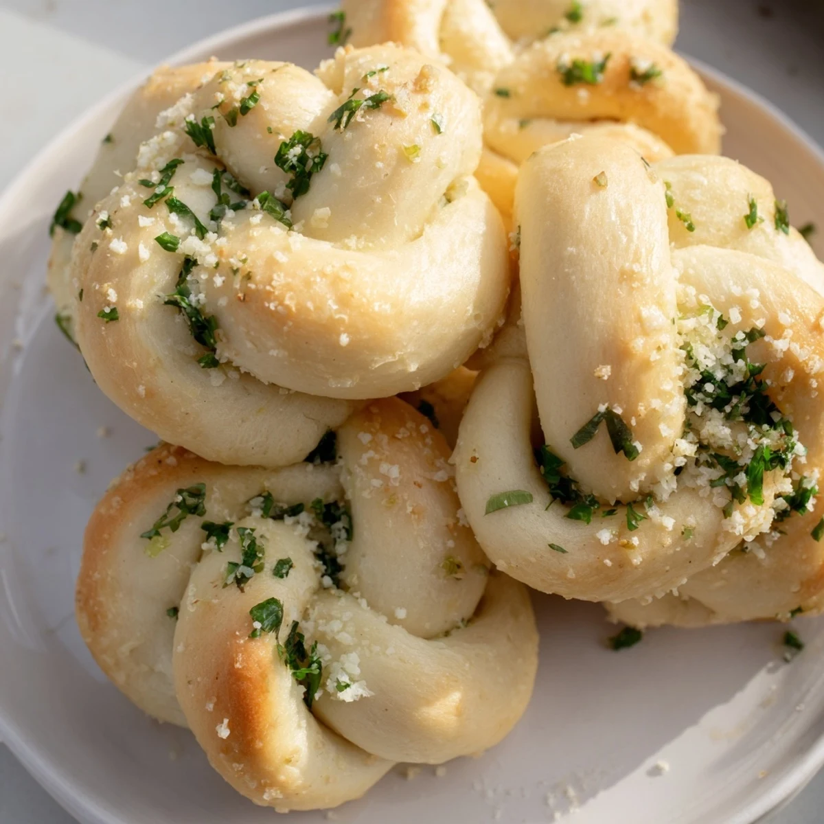 Tightly knotted Homemade Garlic Knots, baked until golden brown and brushed with rich, savory garlic butter.