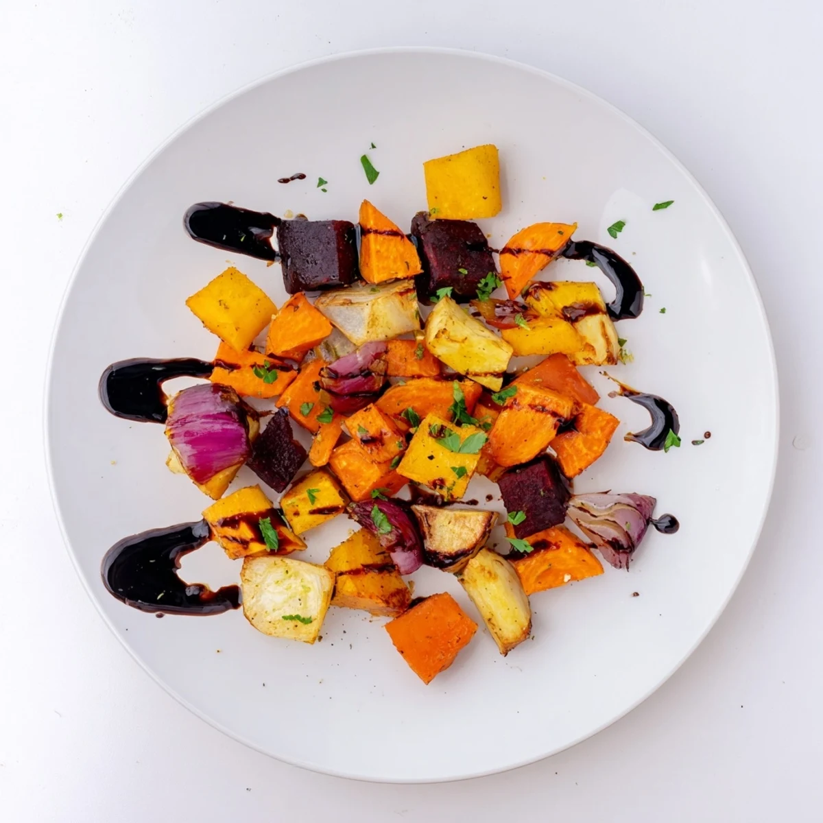Golden-brown roasted root vegetable medley glistening with balsamic glaze, ready to serve warm.