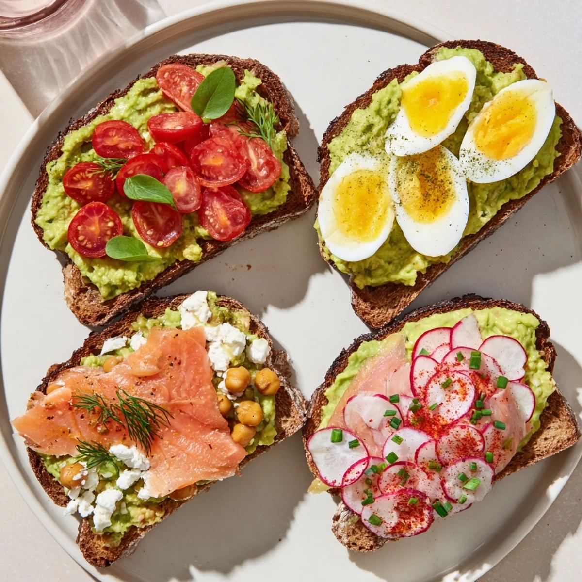Golden-brown sourdough topped with creamy avocado toast four ways, a delicious meal.