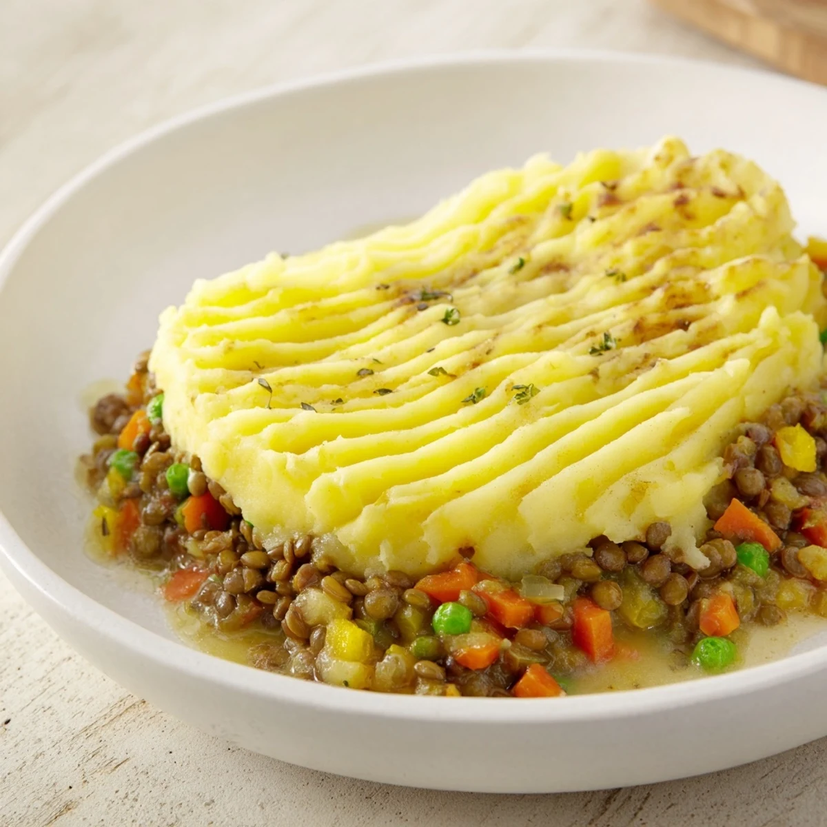 Golden-brown topping crowns this hearty Lentil Shepherds Pie, a comforting vegetarian main course.