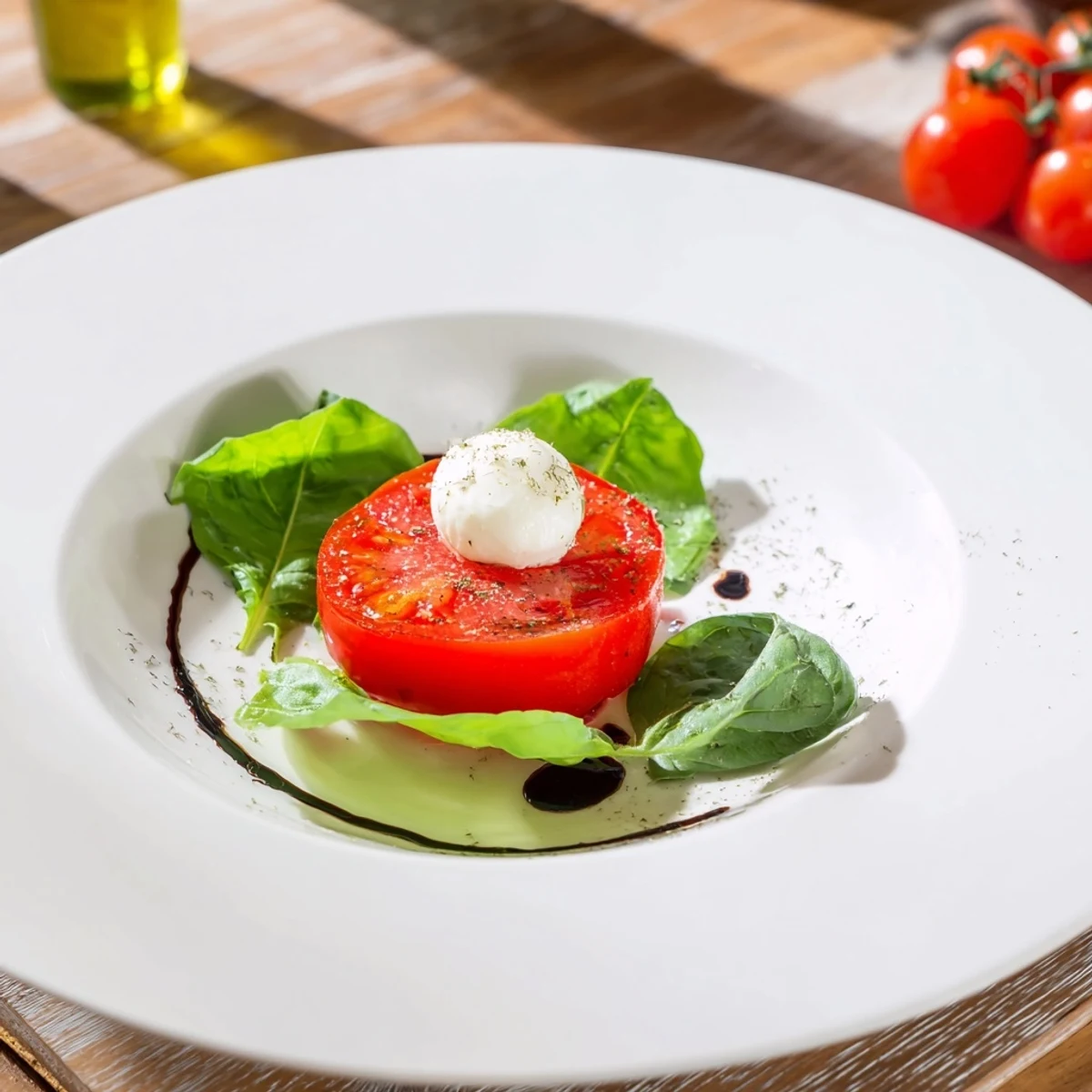 Delicate basil leaves and mozzarella adorn these Fresh Caprese Salad Skewers, ready to enjoy as a light, flavorful bite.