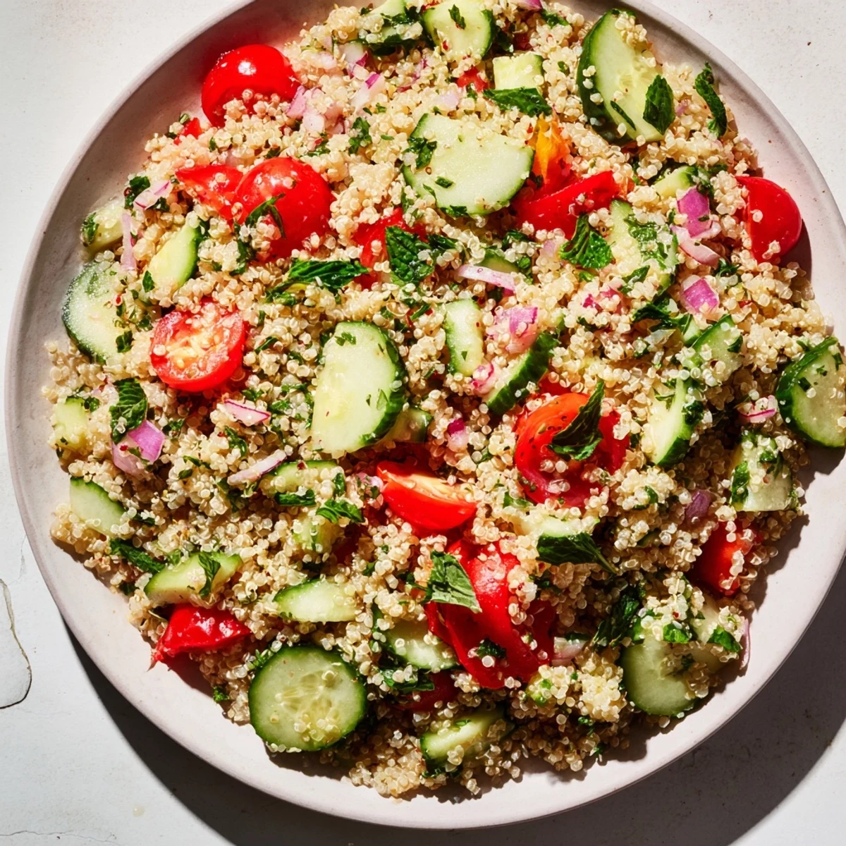 Make-Ahead Quinoa Salad with Lemon Vinaigrette showcases a refreshing bite of bright vegetables and fluffy quinoa.