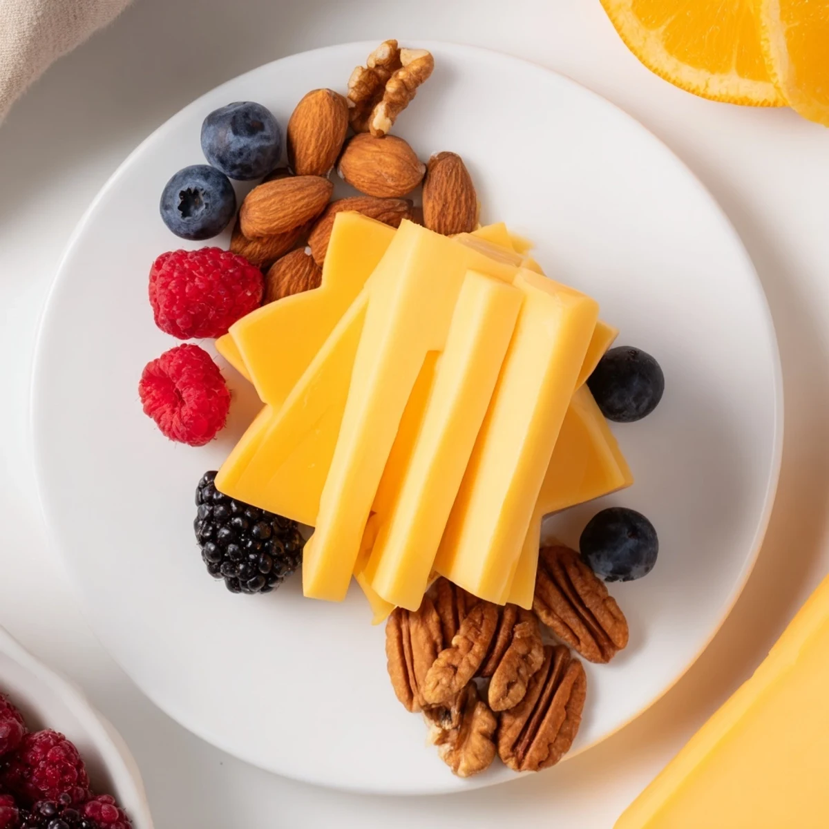 Close-up of a festive Shooting Star Cheese Board, featuring a shining star cheese shape and vibrant berries.