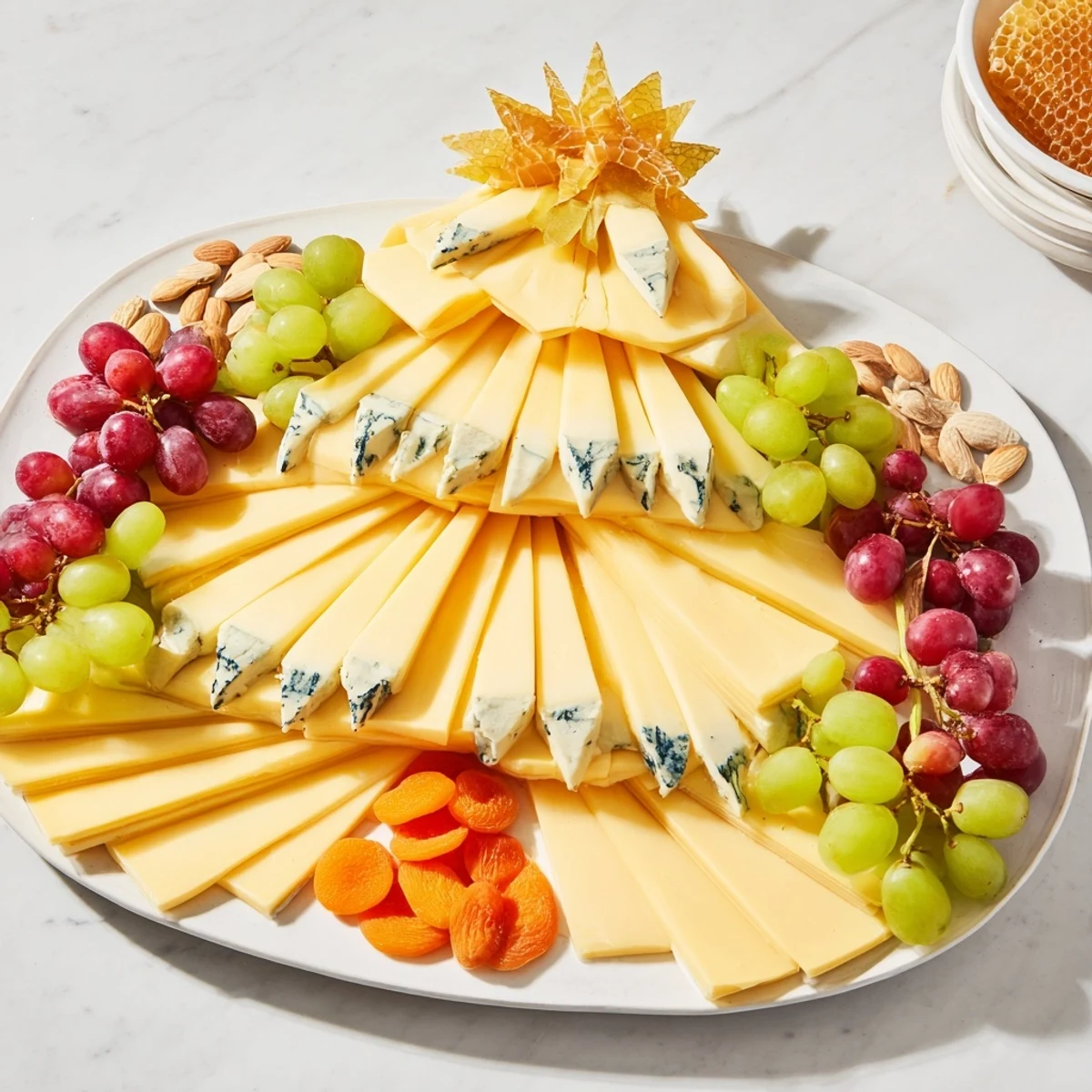 A gorgeous Art Deco Arch Cheese Platter with arranged cheeses and fruit, perfect for entertaining guests.