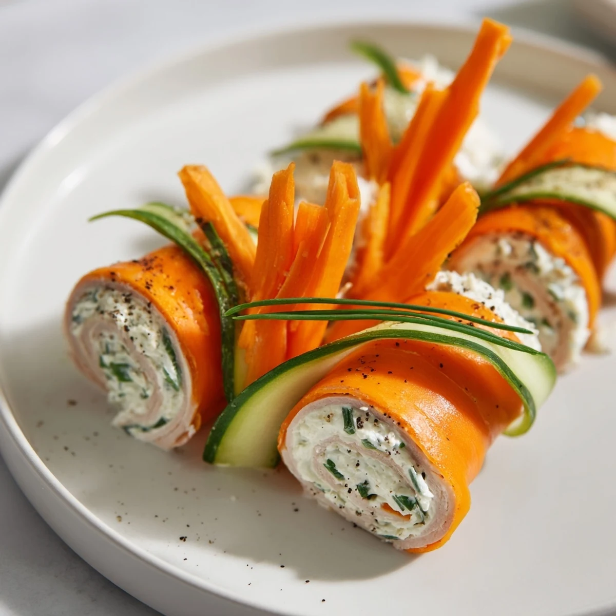 Freshly made Ribbon Dancer appetizer: colorful carrot and cucumber ribbons hug savory smoked turkey.