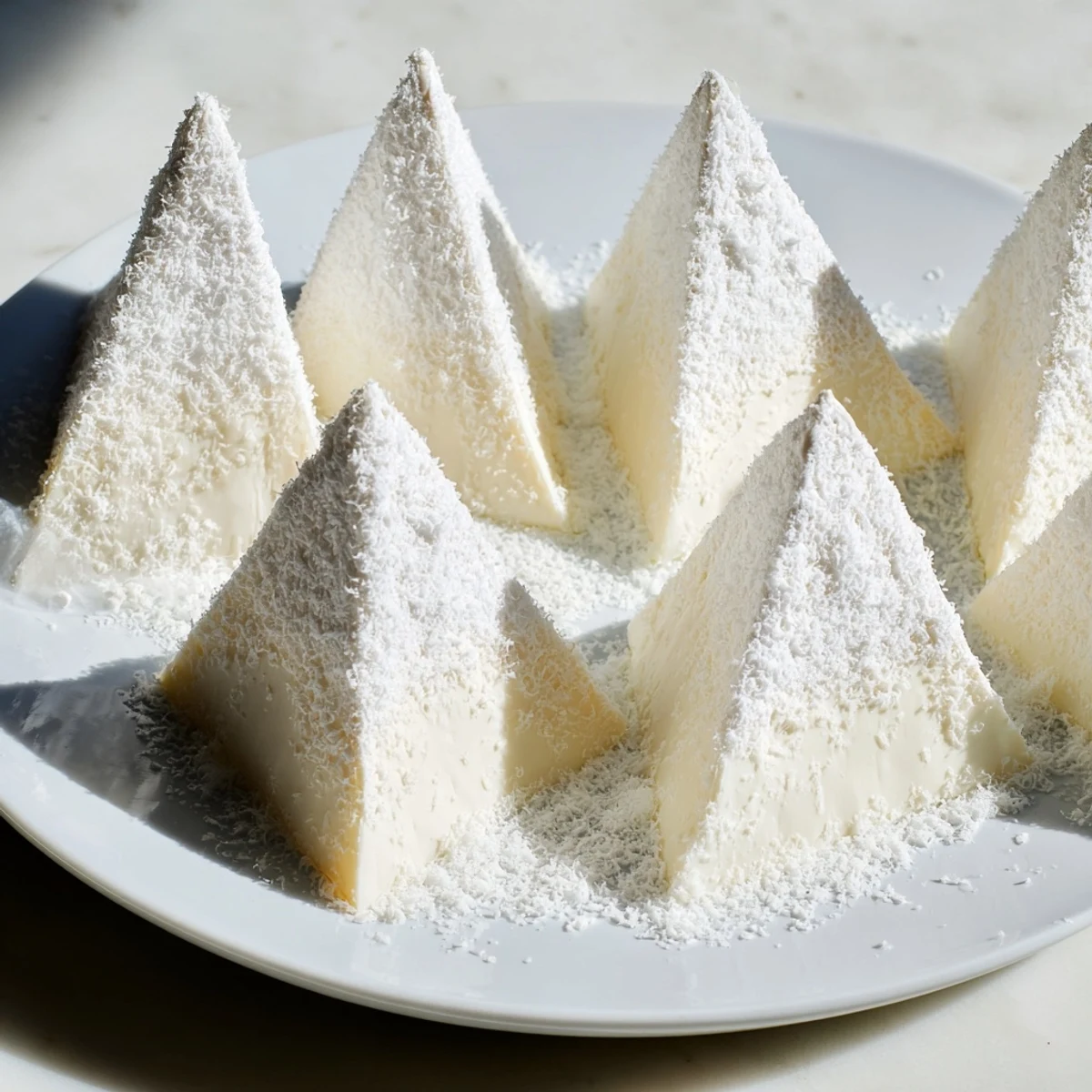Creamy Brie wedges of The Snowcapped Range appetizer dusted with Parmesan "snow" and ready to serve.