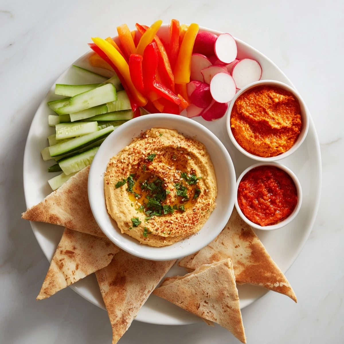 A colorful image of The Moroccan Tent appetizer, with fresh veggies and spiced dips.
