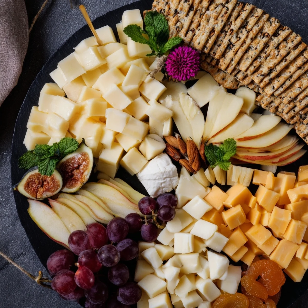 Visually enticing Yin-Yang Balance appetizer board showcasing light cheeses, fruits, and crackers for sharing.