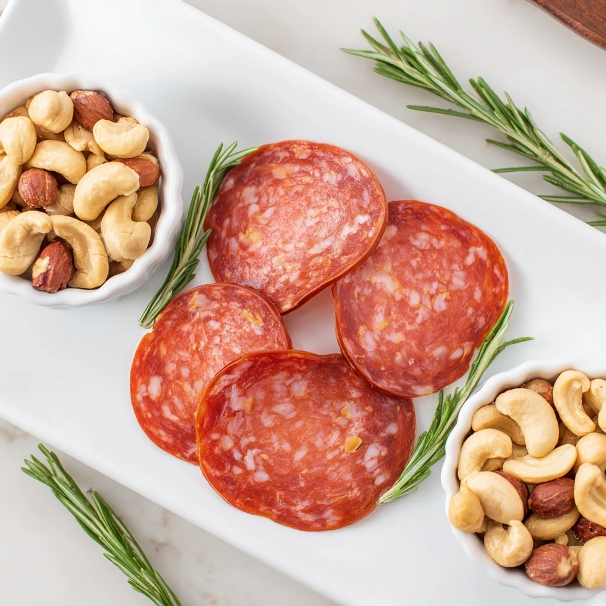 Delightful The Infinity Loop appetizer with artful salami figure-eight looping around two nut bowls for guests.