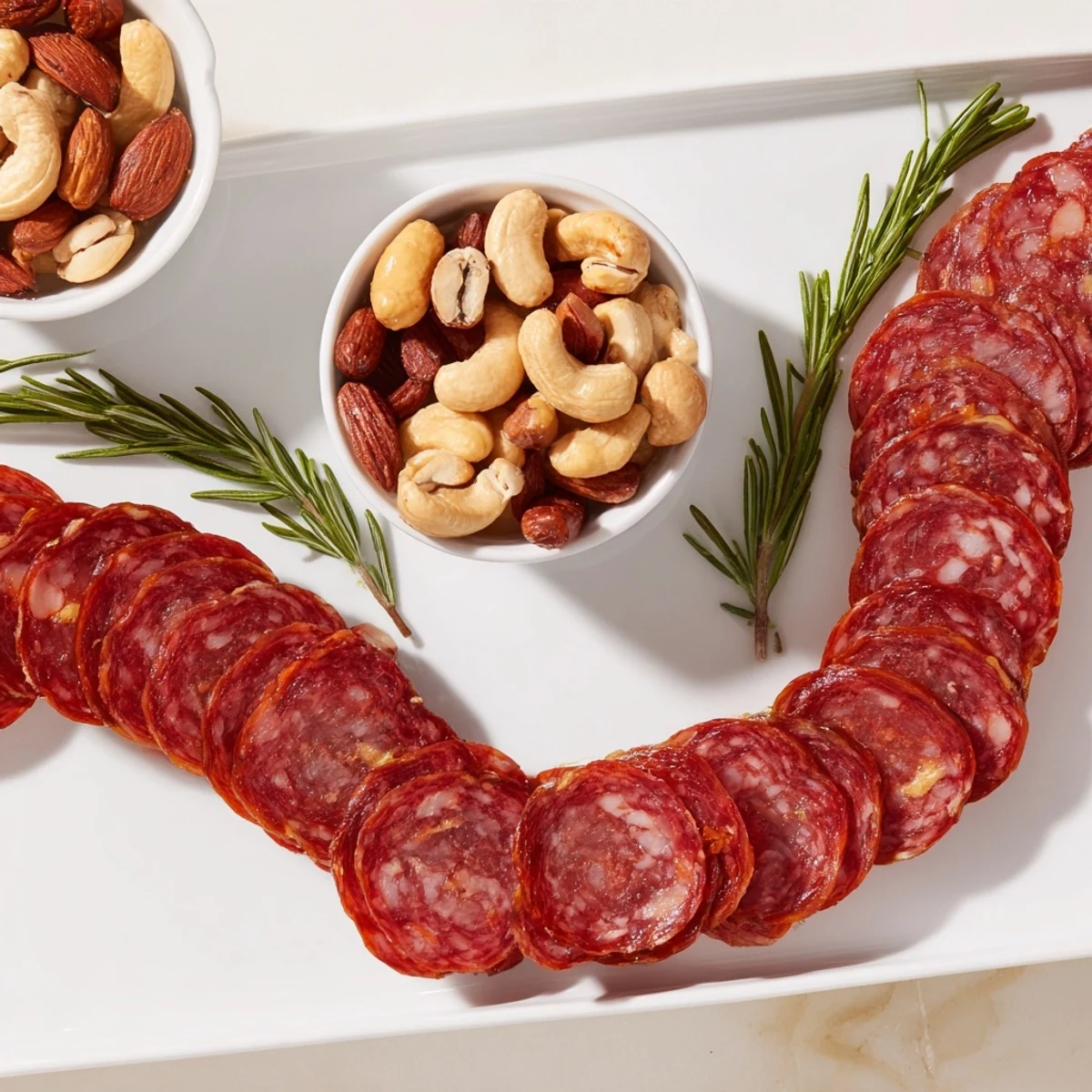 Vibrant image shows The Infinity Loop, a playful charcuterie appetizer with woven salami and mixed nuts.