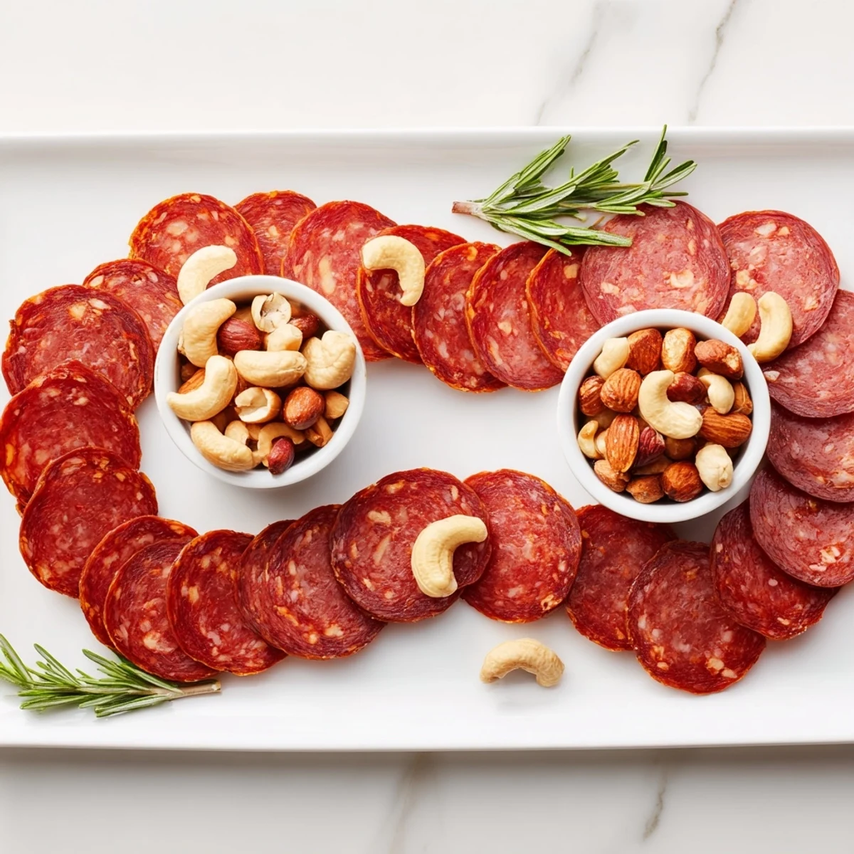 Imagine the elegant The Infinity Loop: a unique appetizer of salami endlessly looping with nuts for your party.