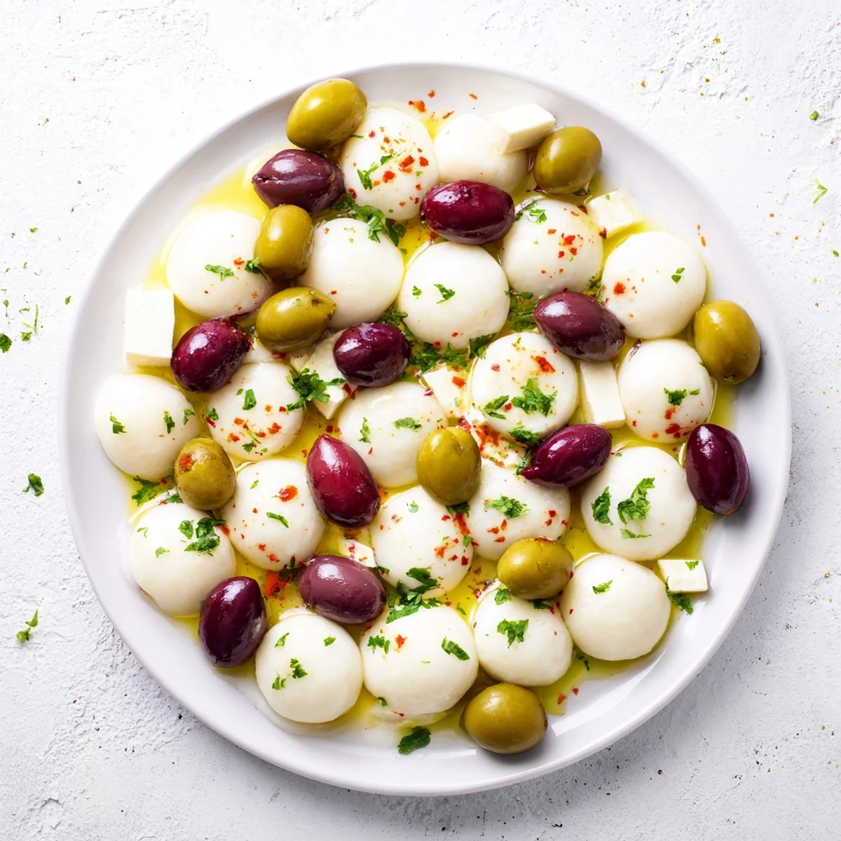 Vibrant appetizer, The Cobblestone Courtyard, features crackers and olives arranged like a charming street scene.