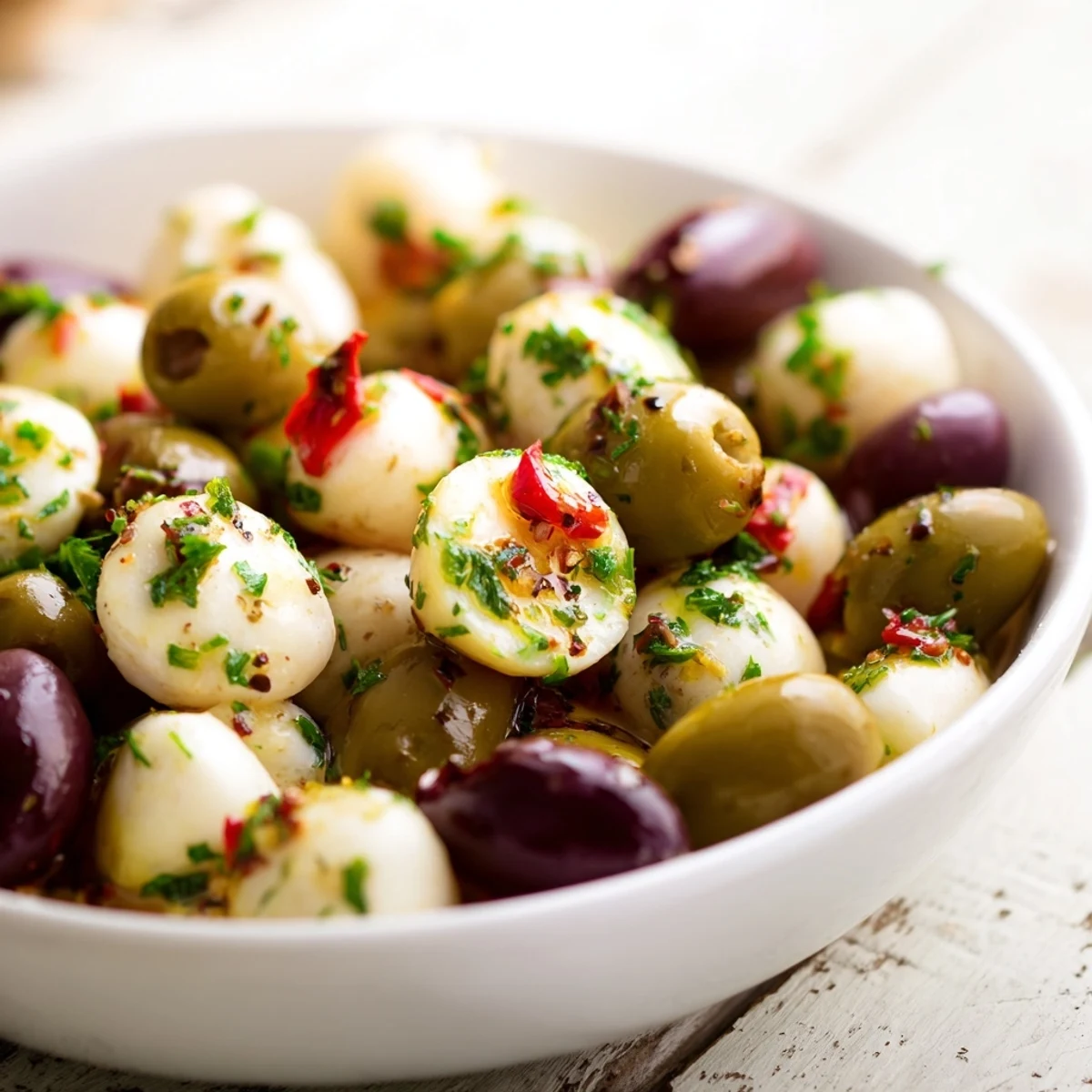 A delicious serving of The Cobblestone Courtyard, with varied olives nestled among golden crackers on a platter.