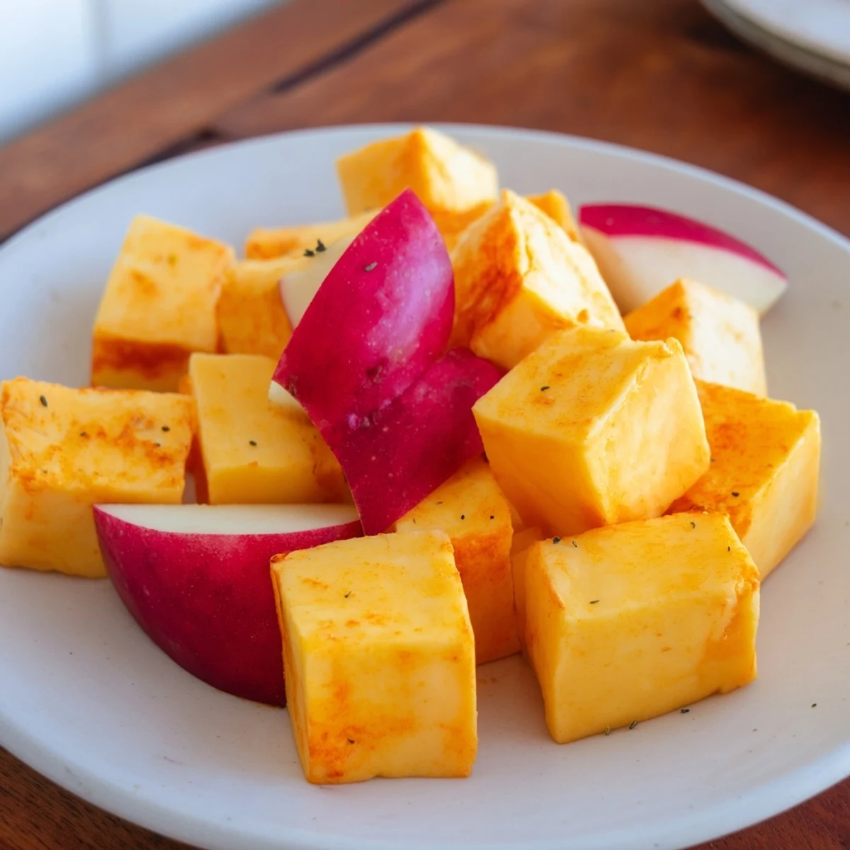 The Autumn Ember appetizer: Smoked paprika-covered cheeses with vibrant apple embers, ready for serving.