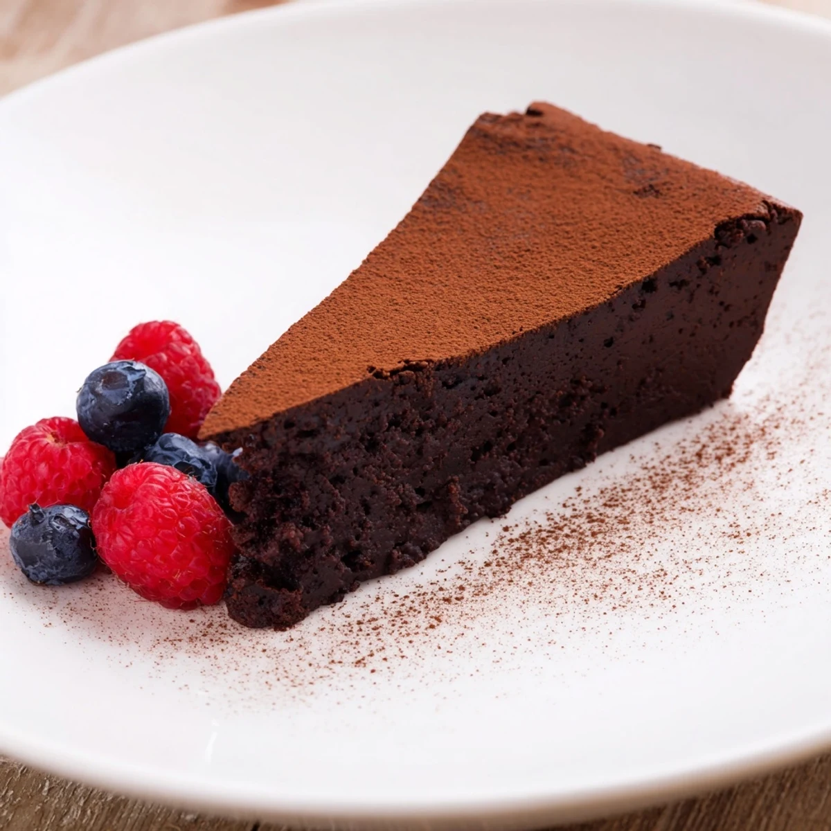 A slice of decadent flourless chocolate cake with a dusting of cocoa, ready to serve.