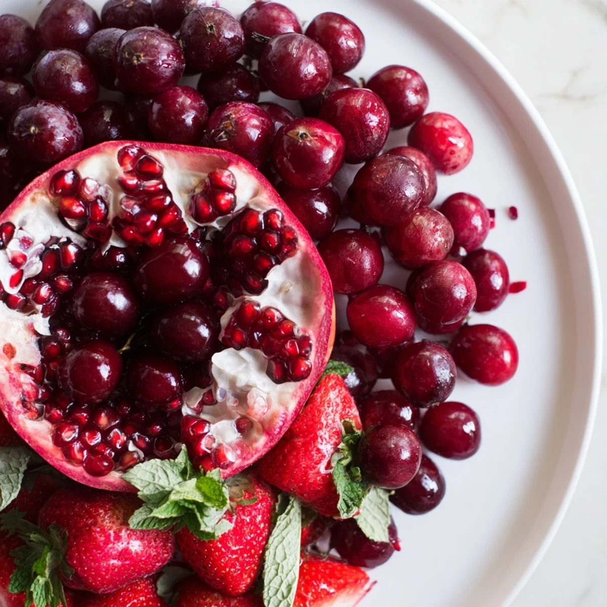 The vibrant Pomegranate Pivot fruit platter boasts a beautiful gradient of fresh, colorful fruits ready to enjoy.