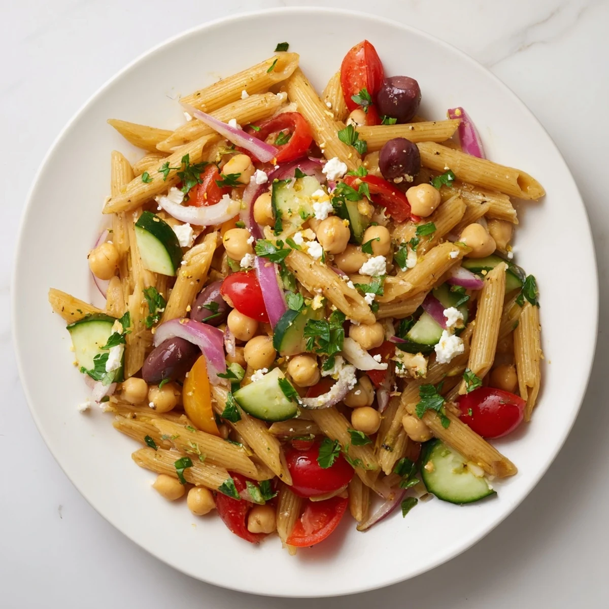 This Mediterranean pasta salad with chickpeas presents a colorful mix of ingredients, tossed in a zesty dressing.