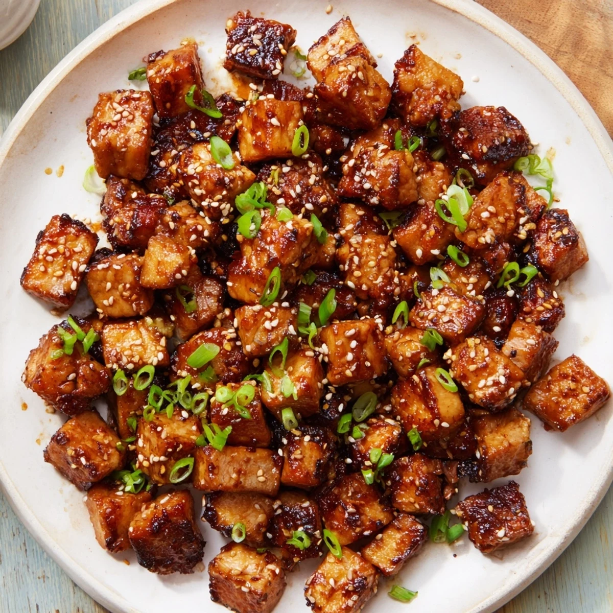 Crispy-edged air fryer chicken bites, showcasing a sweet soy glaze and fresh green onion garnish.