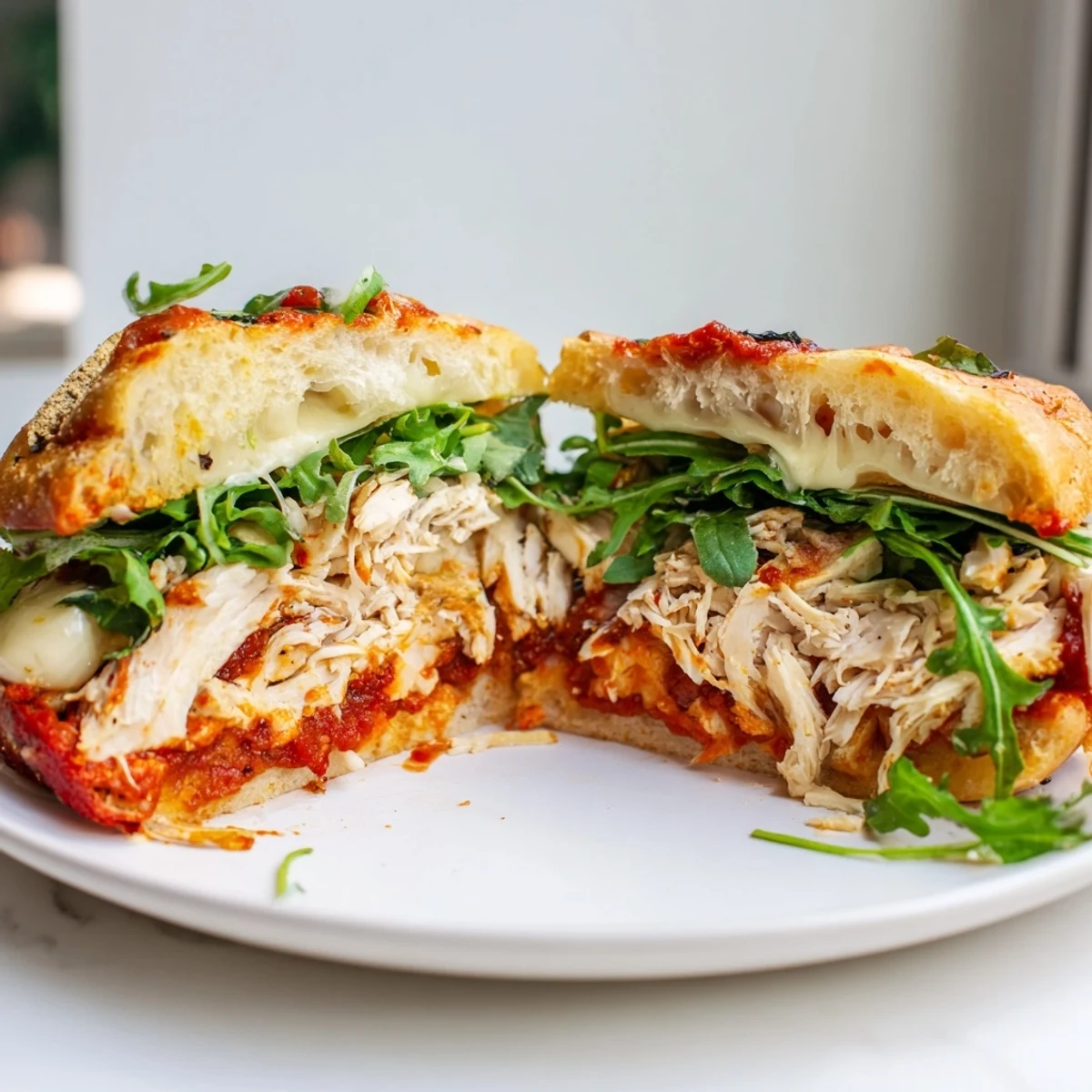 Golden, cheesy, crispy Leftover Pizza Chicken Sandwich, packed with tender chicken and peppery arugula.