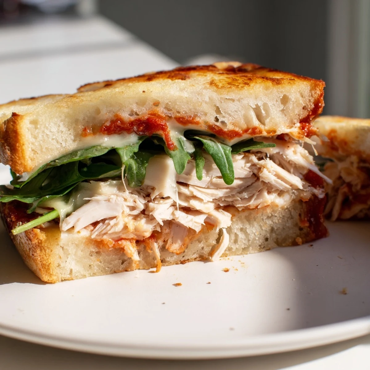 Melted cheese spills from this hearty Leftover Pizza Chicken Sandwich, a quick and delicious lunch idea.