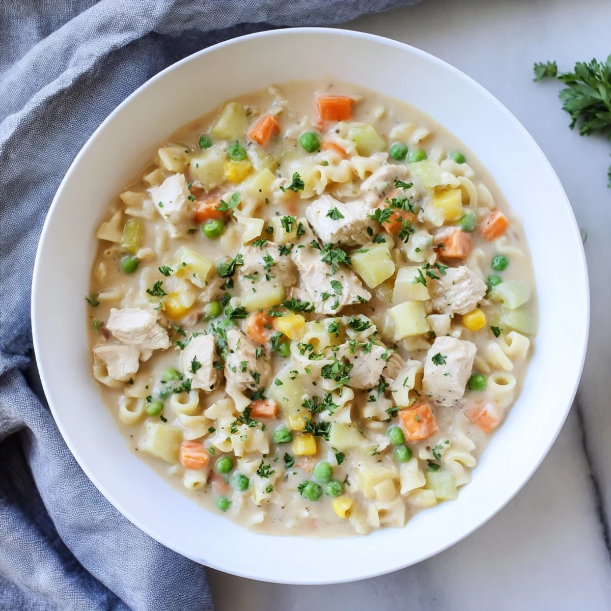 Chicken Pot Pie Pasta Soup, a creamy, flavorful bowl with tender chicken and veggies.