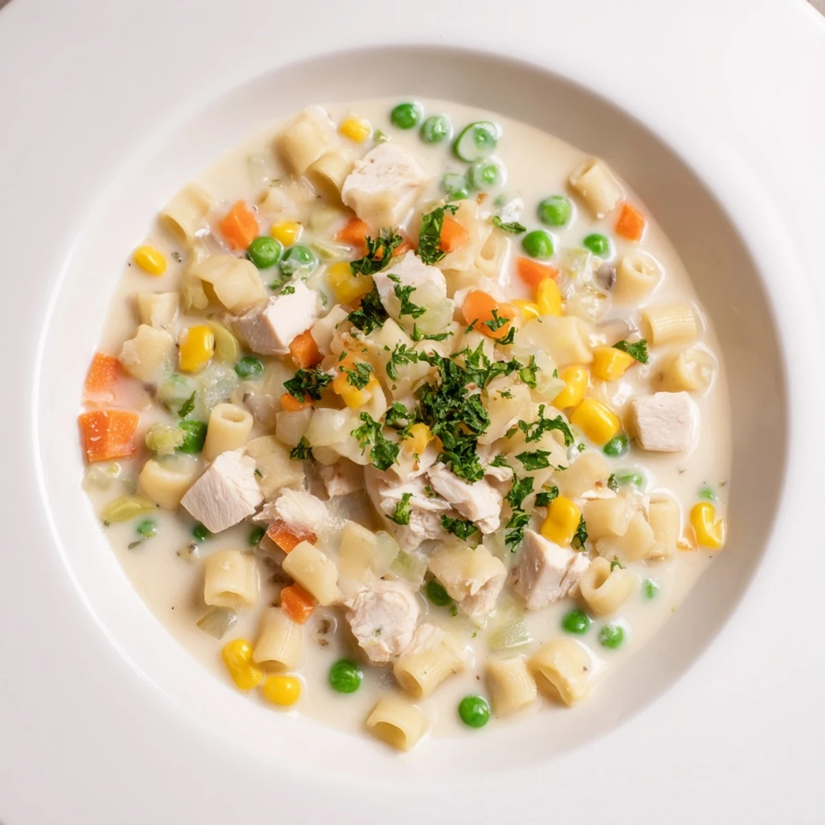 Warm and comforting Chicken Pot Pie Pasta Soup, perfect for a cozy weeknight dinner with crusty bread.