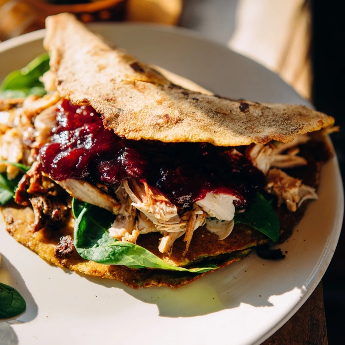 A close-up shot of a golden-brown Moist Maker chicken wrap, overflowing with savory fillings.