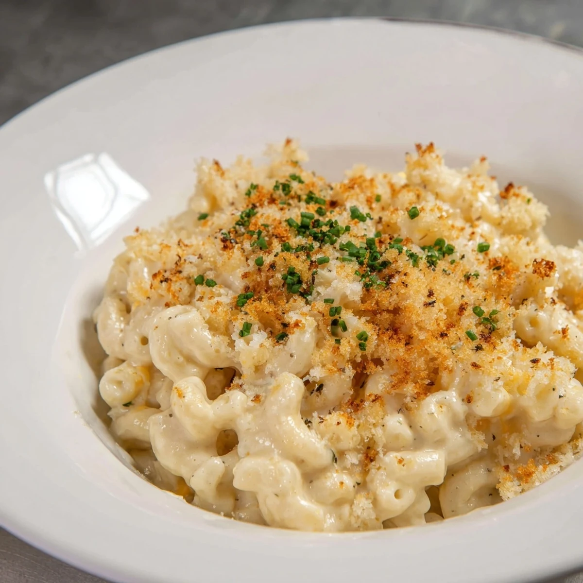 Golden bowl of Cottage Cheese Mac and Cheese topped with fresh chives, ready to eat.