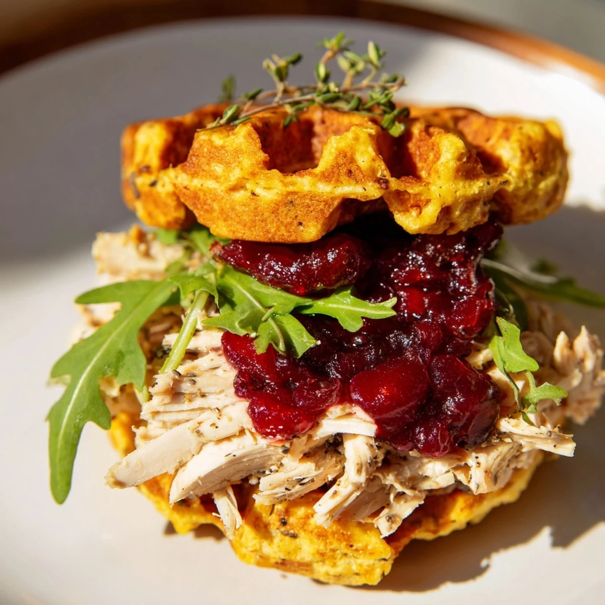 Golden, crispy stuffing waffle chicken sliders, stacked high and ready to eat with cranberry mayo.