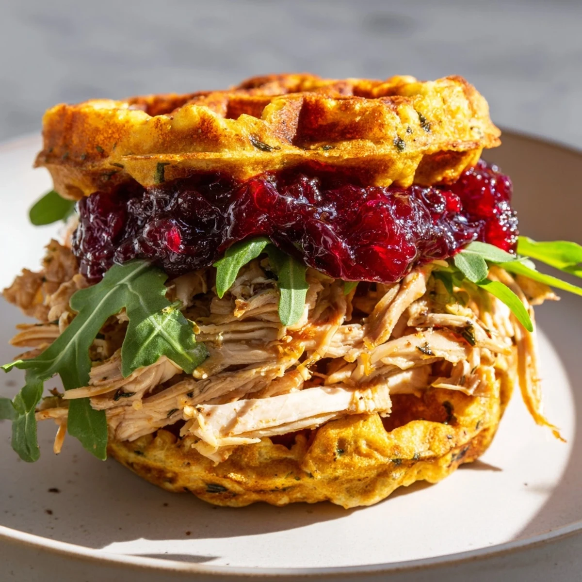 Tender shredded chicken nestled between stuffing waffles, offering a taste of holiday season.