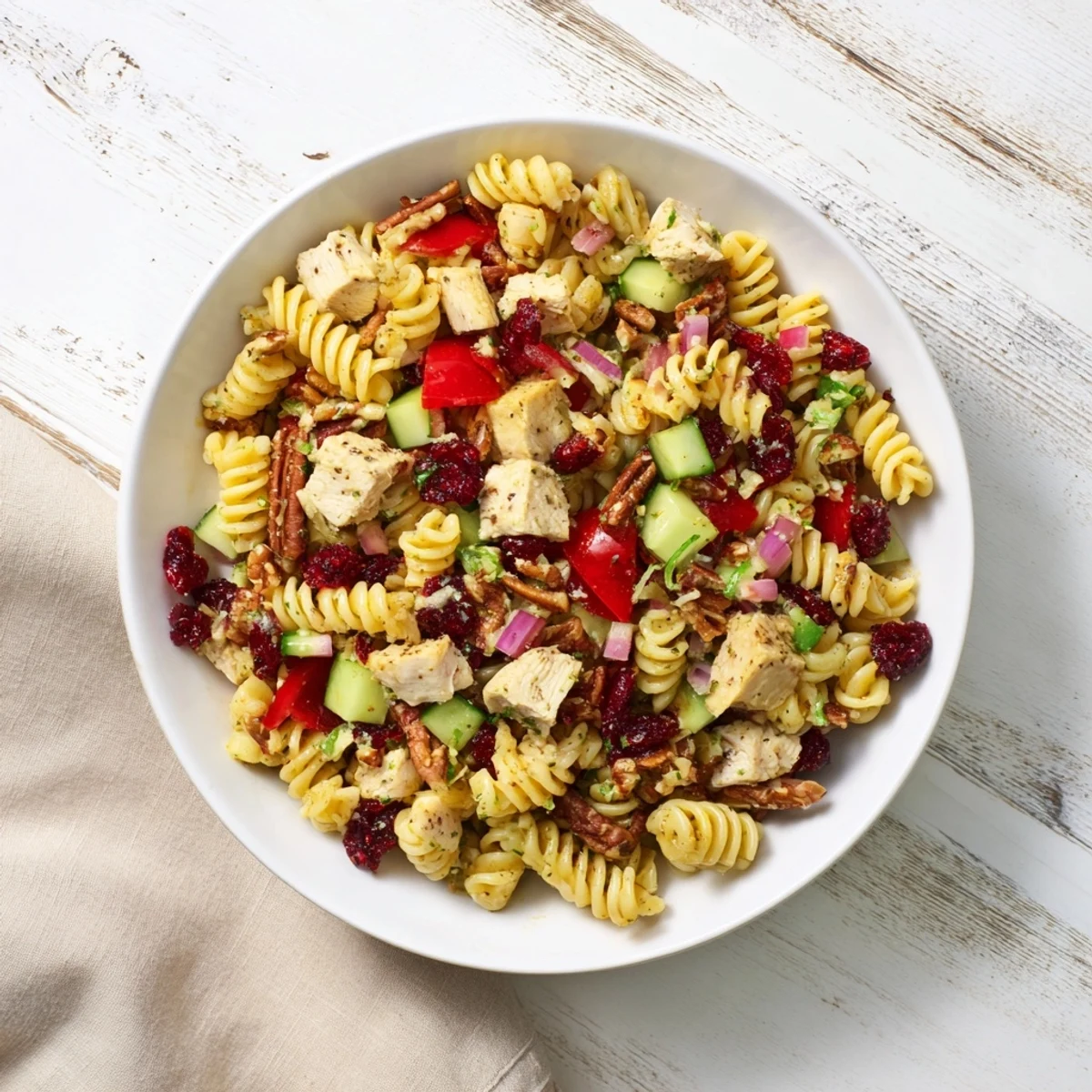 Pasta salad with cranberry vinaigrette: a colorful bowl with cooked pasta, chicken and fresh vegetables.